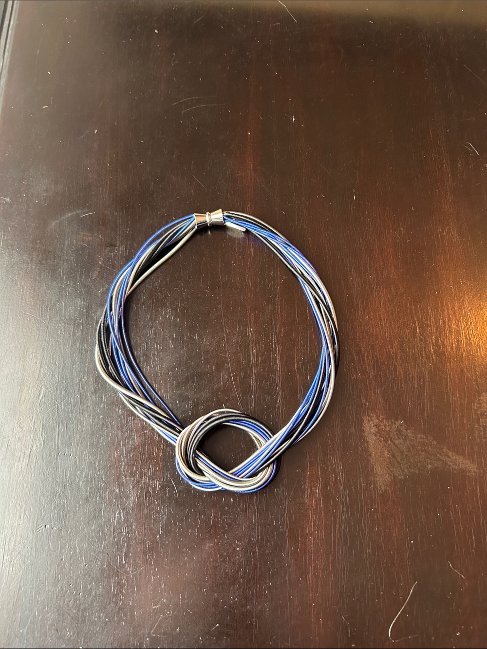 Sea Lily Blue, Silver, and Black Piano Strings Knot Necklacd